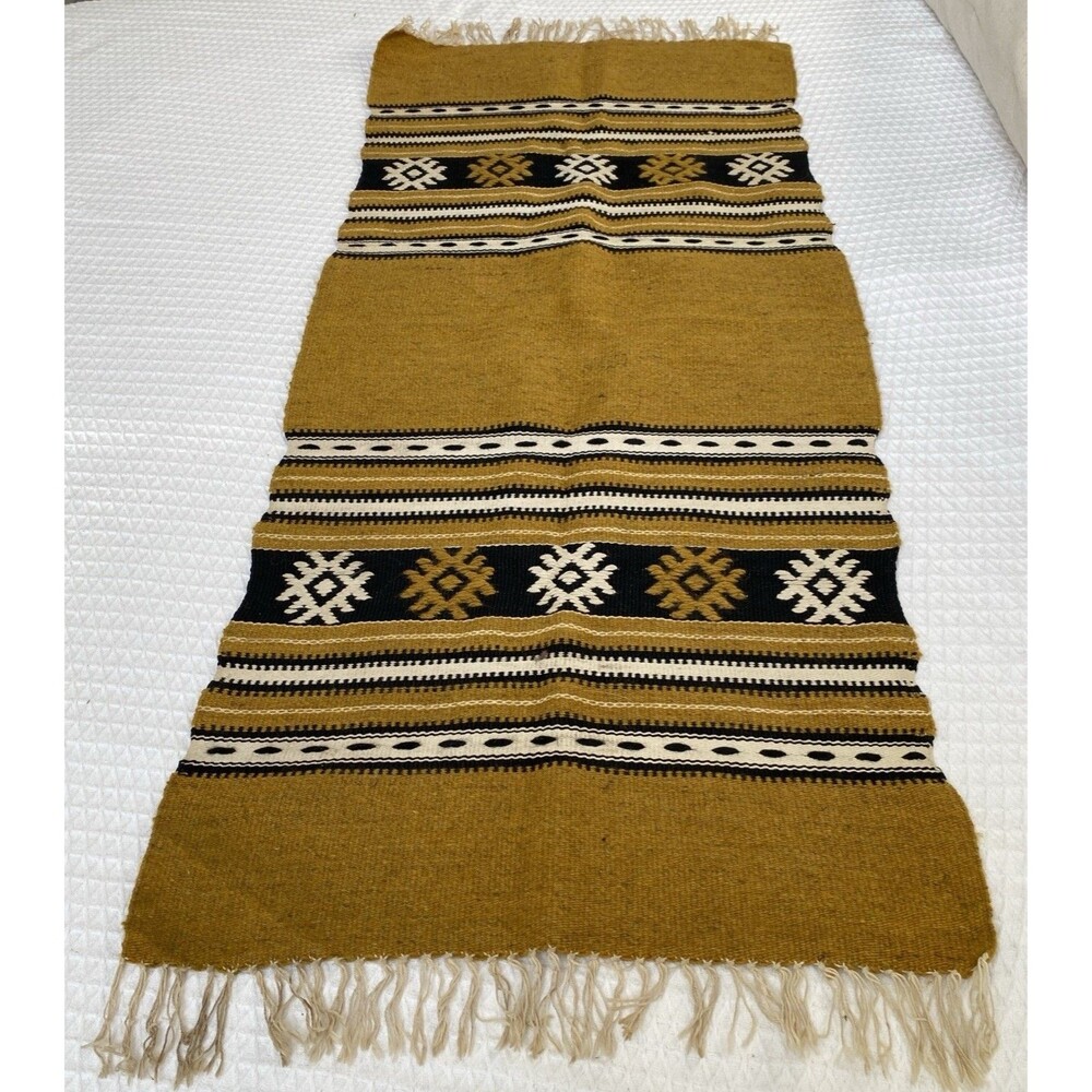Vintage Handwoven Wool Kilim Rug Flat weave Mexican Southwest Gold Black - Picture 8 of 8